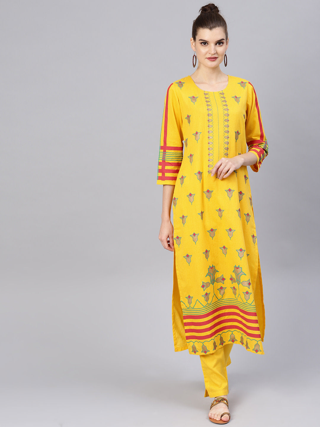 Women's Yellow Red And Golden Block Printed Printed Kurta With Trousers - Noz2Toz