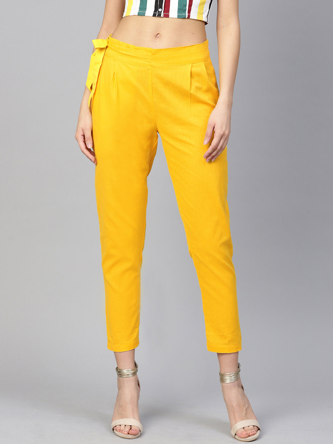 Women's Mustard Yellow Solid High-Rise Cropped Trousers - Noz2Toz