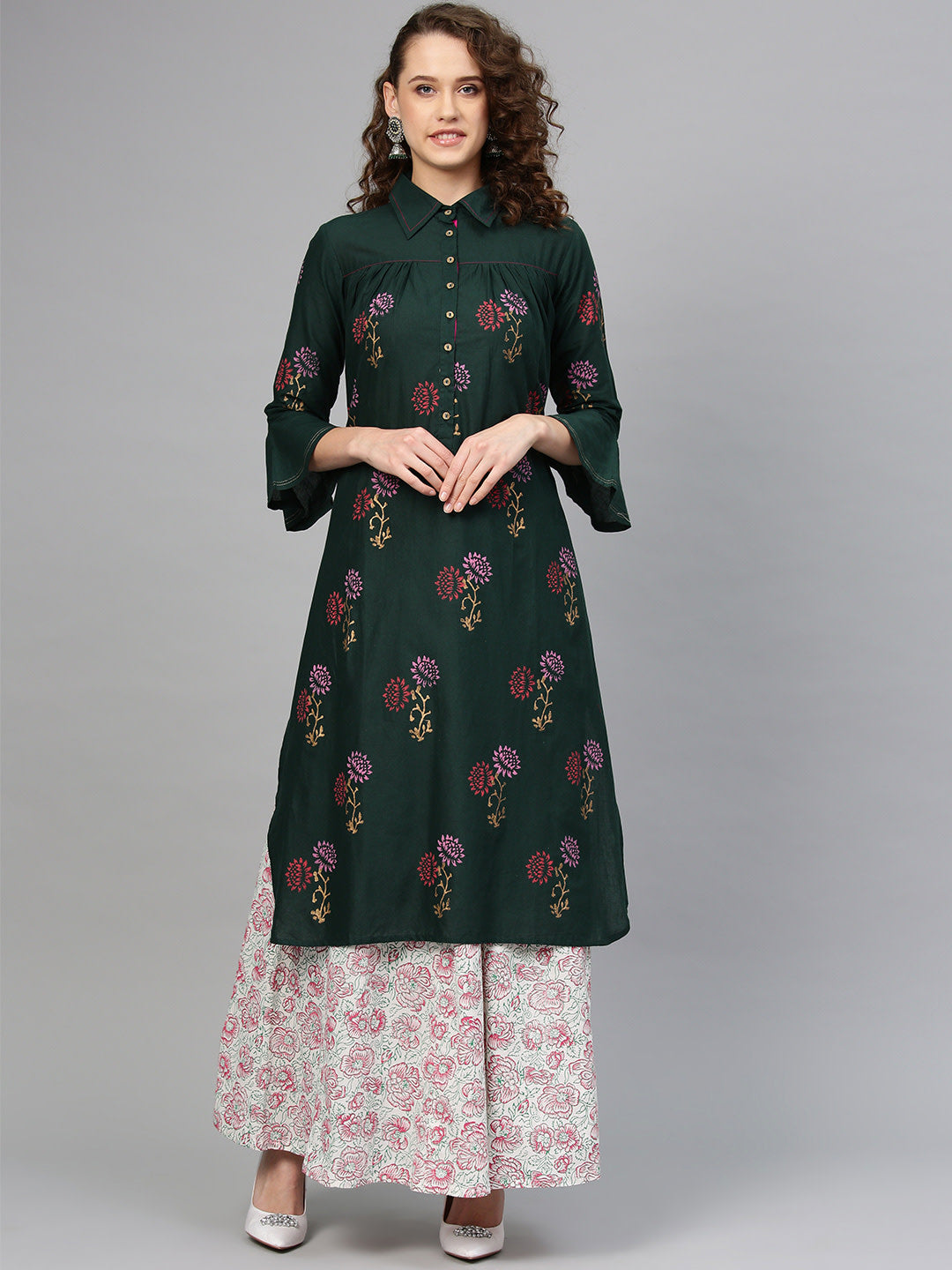 Women's Green And Pink Block Print Straight Kurta - Noz2Toz