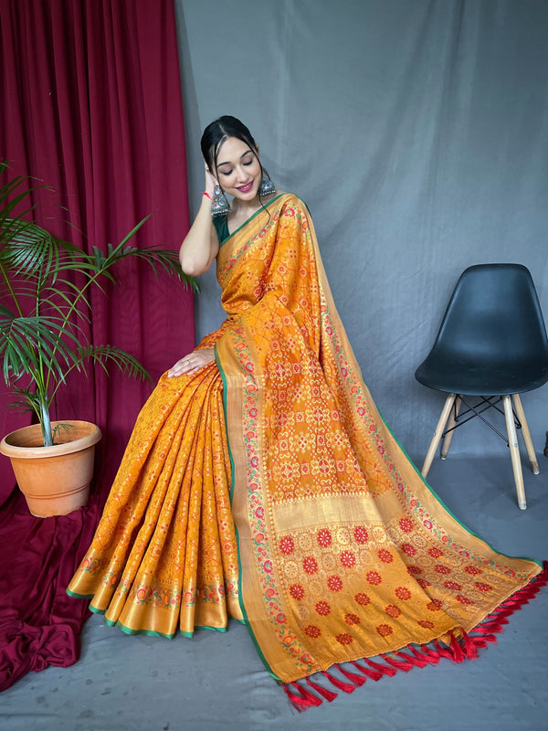 Women's  Orange Gold Color Bandhej Patola Silk Woven Saree Orange Gold - TASARIKA