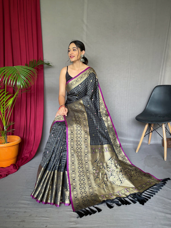 Women's  Black Color Kalindi Soft Silk Checks Woven Saree Black - TASARIKA