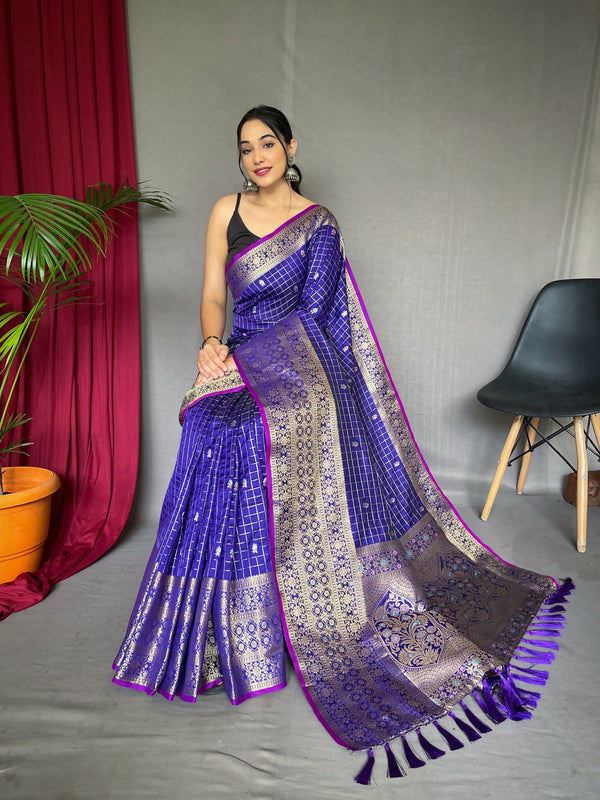 Women's Violet Blue Color Kalindi Soft Silk Checks Woven Saree Violet Blue - TASARIKA