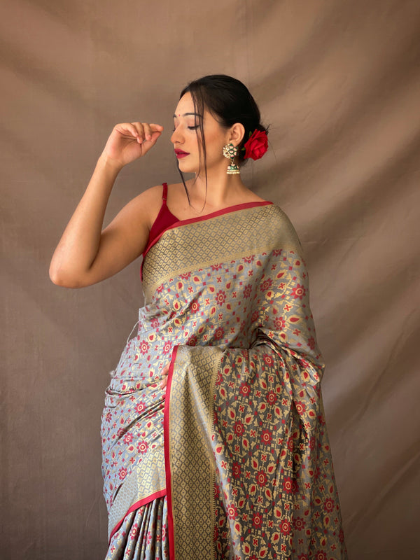 Women's Grey Color Rajkoti Patola Silk Grey - TASARIKA