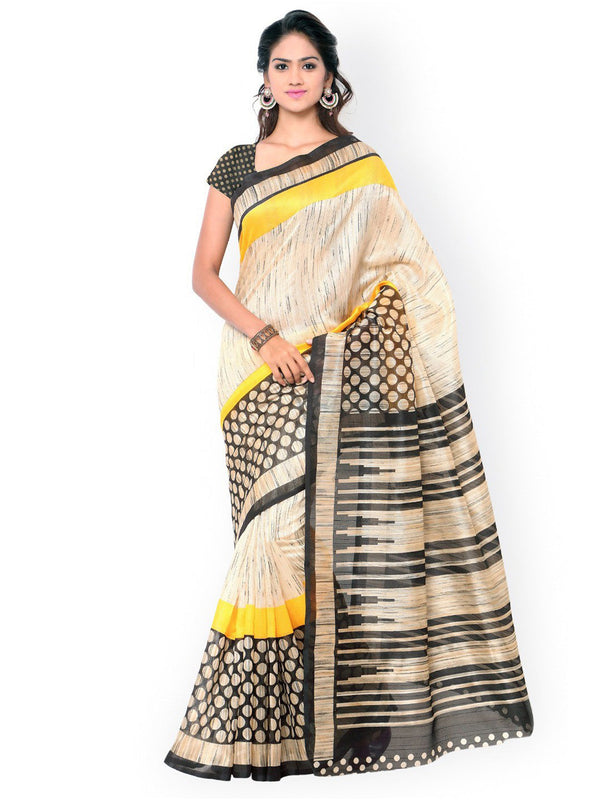 Women's Beige Art Silk Printed Saree - Ahika