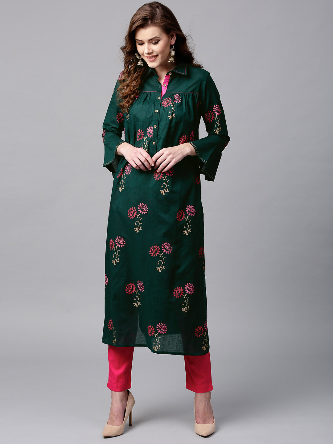 Women's Green And Pink Block Print Straight Kurta - Noz2Toz