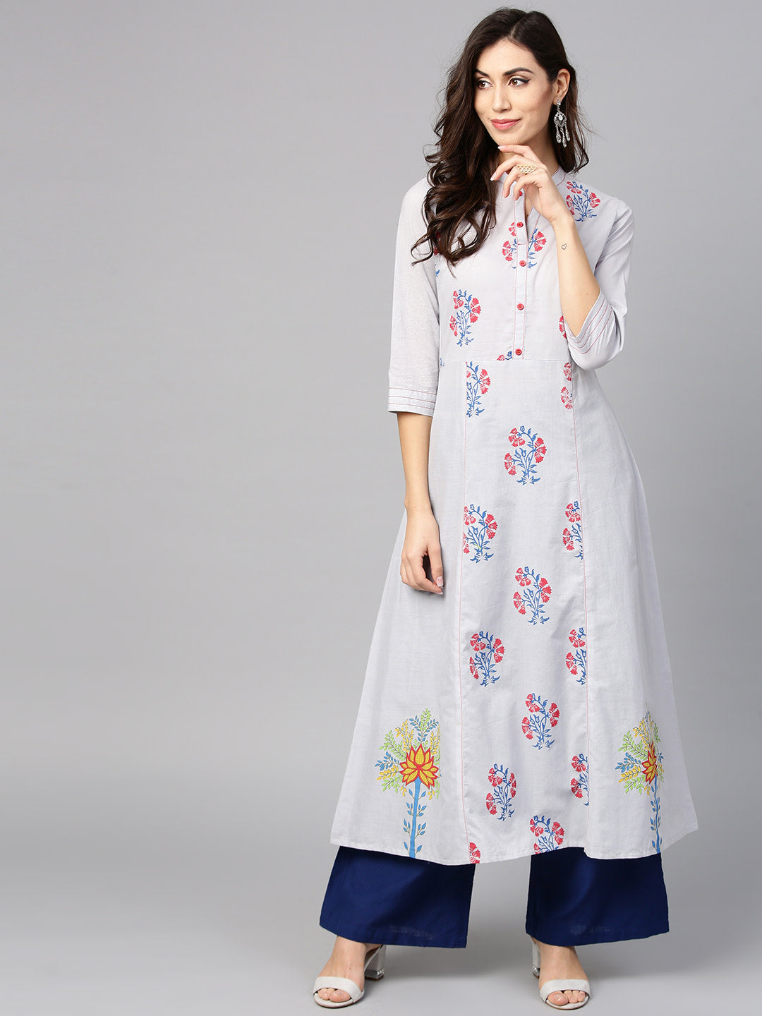 Women's Light Grey Block Print A-Line Kurta - Noz2Toz