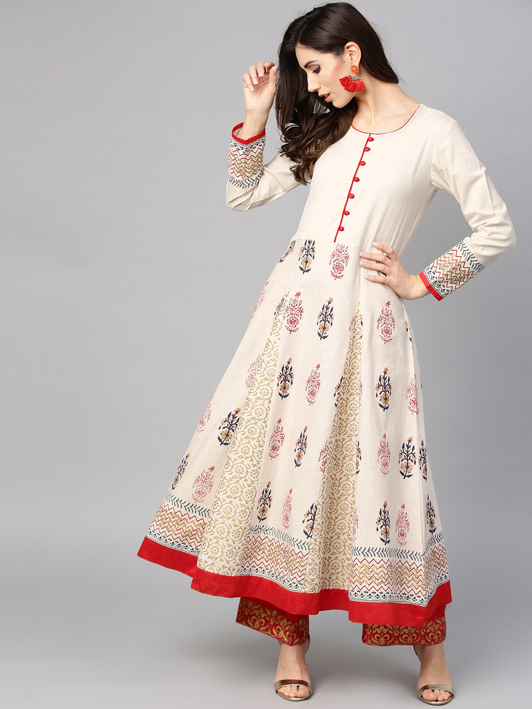 Women's Off-White And Golden Block Print Anarkali Kurta - Noz2Toz