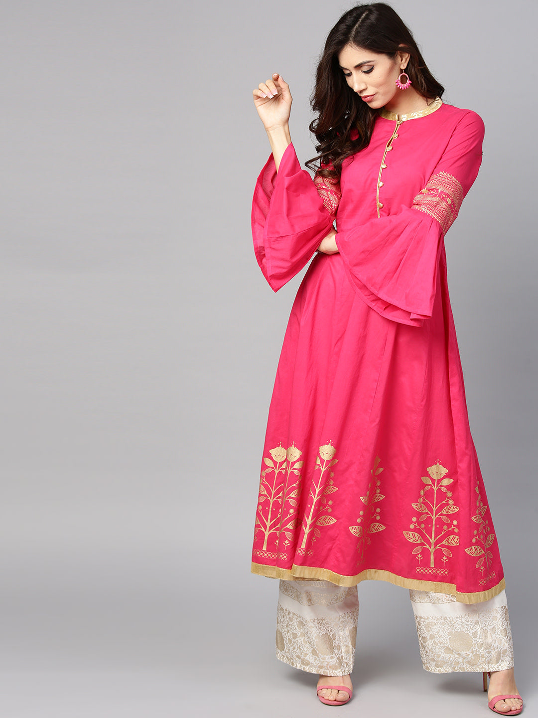 Women's Pink And Golden Block Print Detail Anarkali Kurta - Noz2Toz