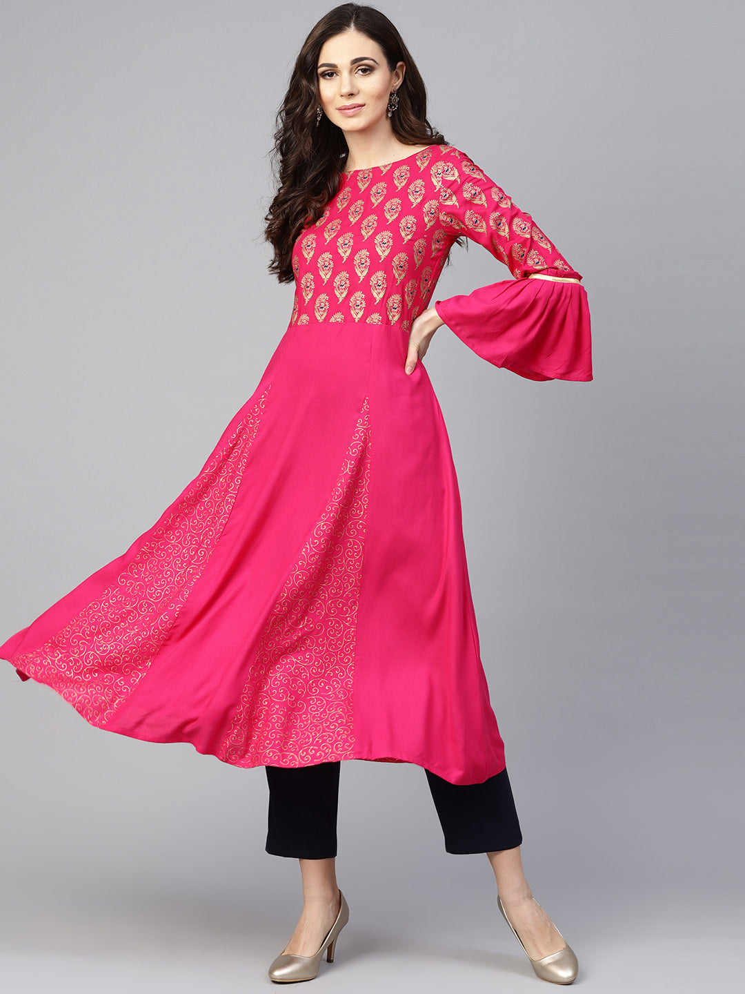 Women's Pink And Golden Printed A-Line Kurta - Noz2Toz