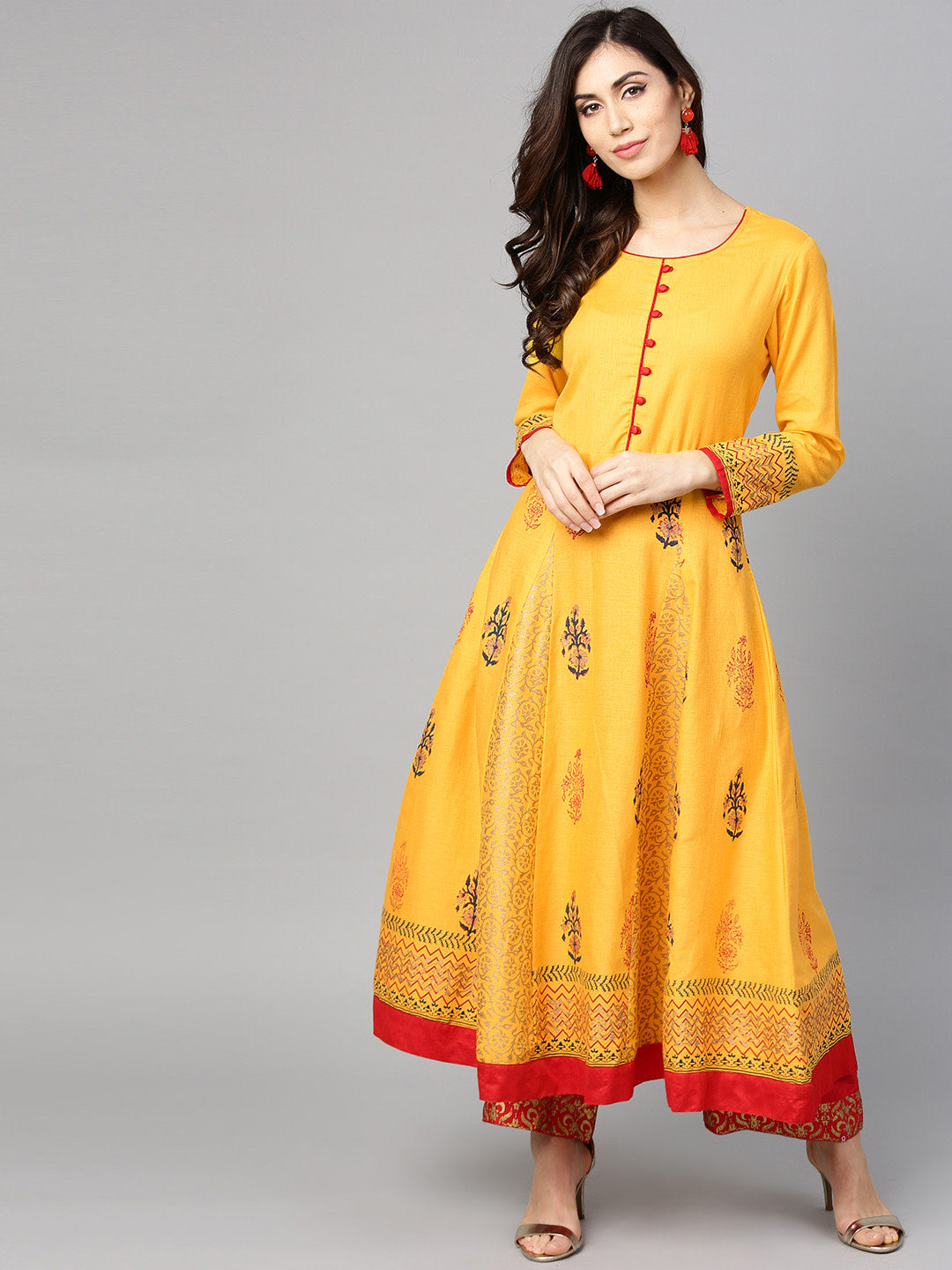 Women's Yellow Block Print Anarkali Kurta - Noz2Toz