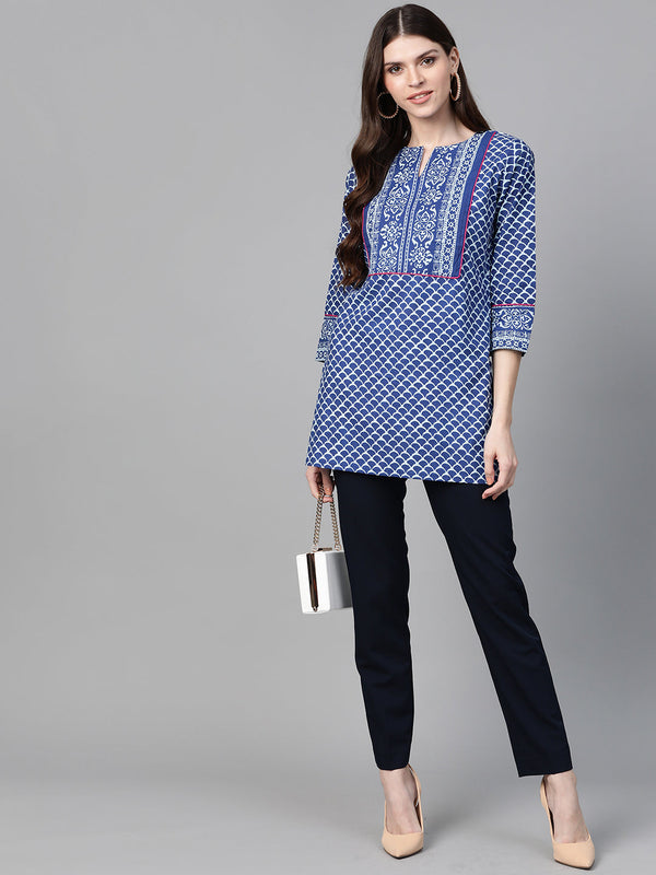 Bhama Cuture Blue & White Printed Tunic