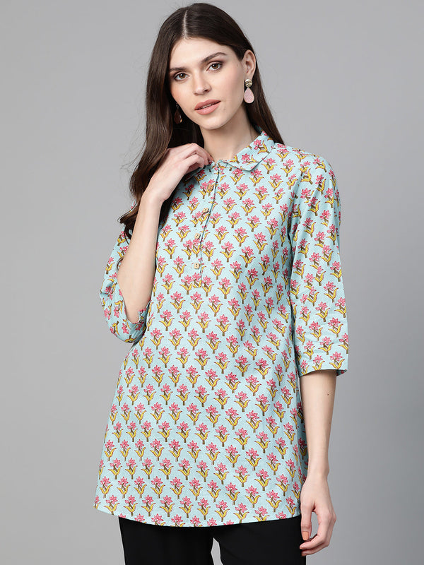 Jashvi Blue & Pink Floral Print Shirt Tunic