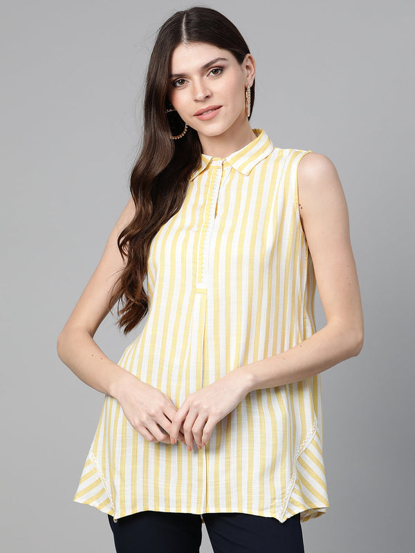 Bhama Cuture Yellow & Off-White Striped Shirt Tunic