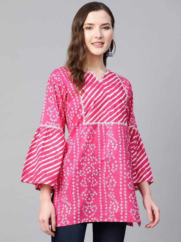 Jashvi Pink & White Cotton Bandhani Print Tunic