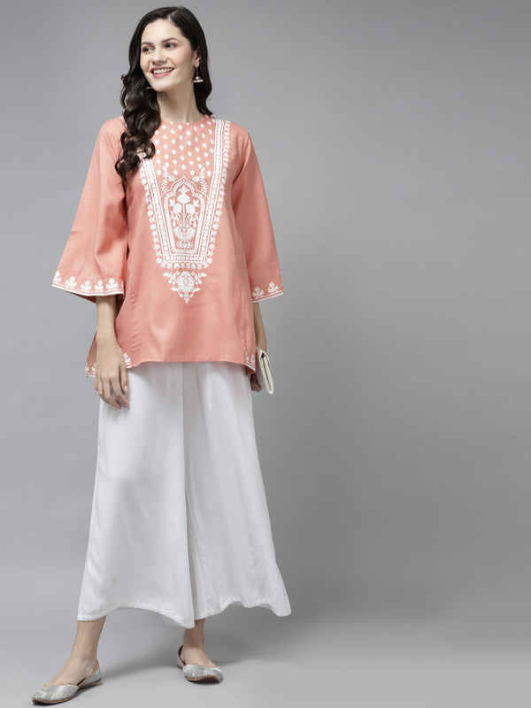 Jashvi Peach-Coloured & White Printed A-Line Tunic