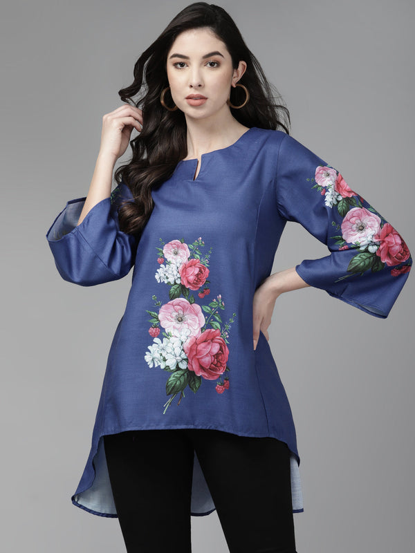 Jashvi Blue & Pink Printed High-Low Tunic