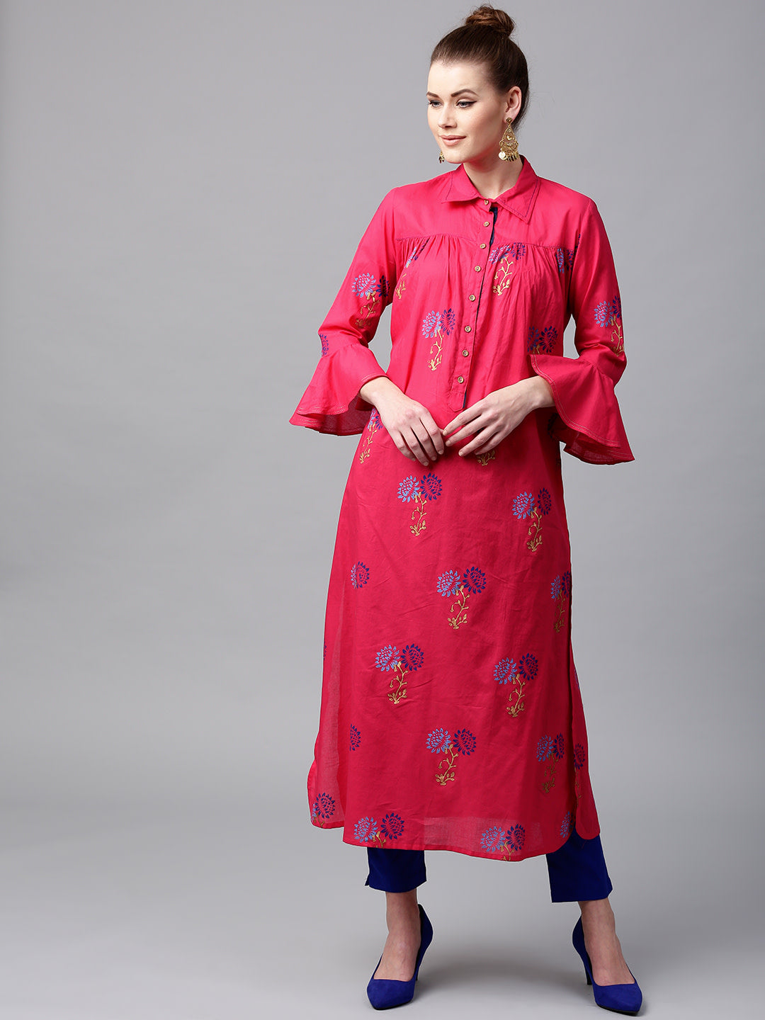 Women's Pink And Blue Printed Pathani Kurta - Noz2Toz