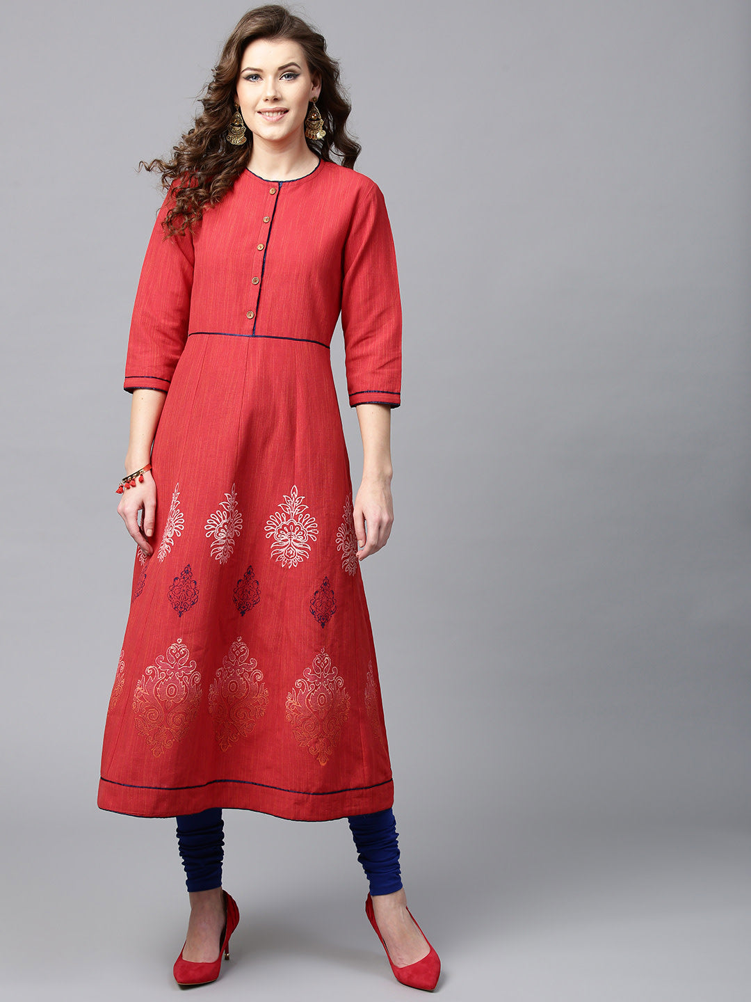 Women's Red Printed A-Line Kurta - Noz2Toz