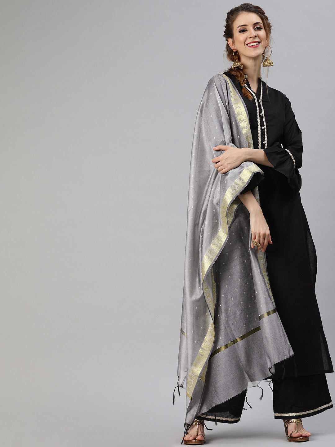 Women's Black And Grey Solid Kurta With Palazzos And Dupatta - Noz2Toz