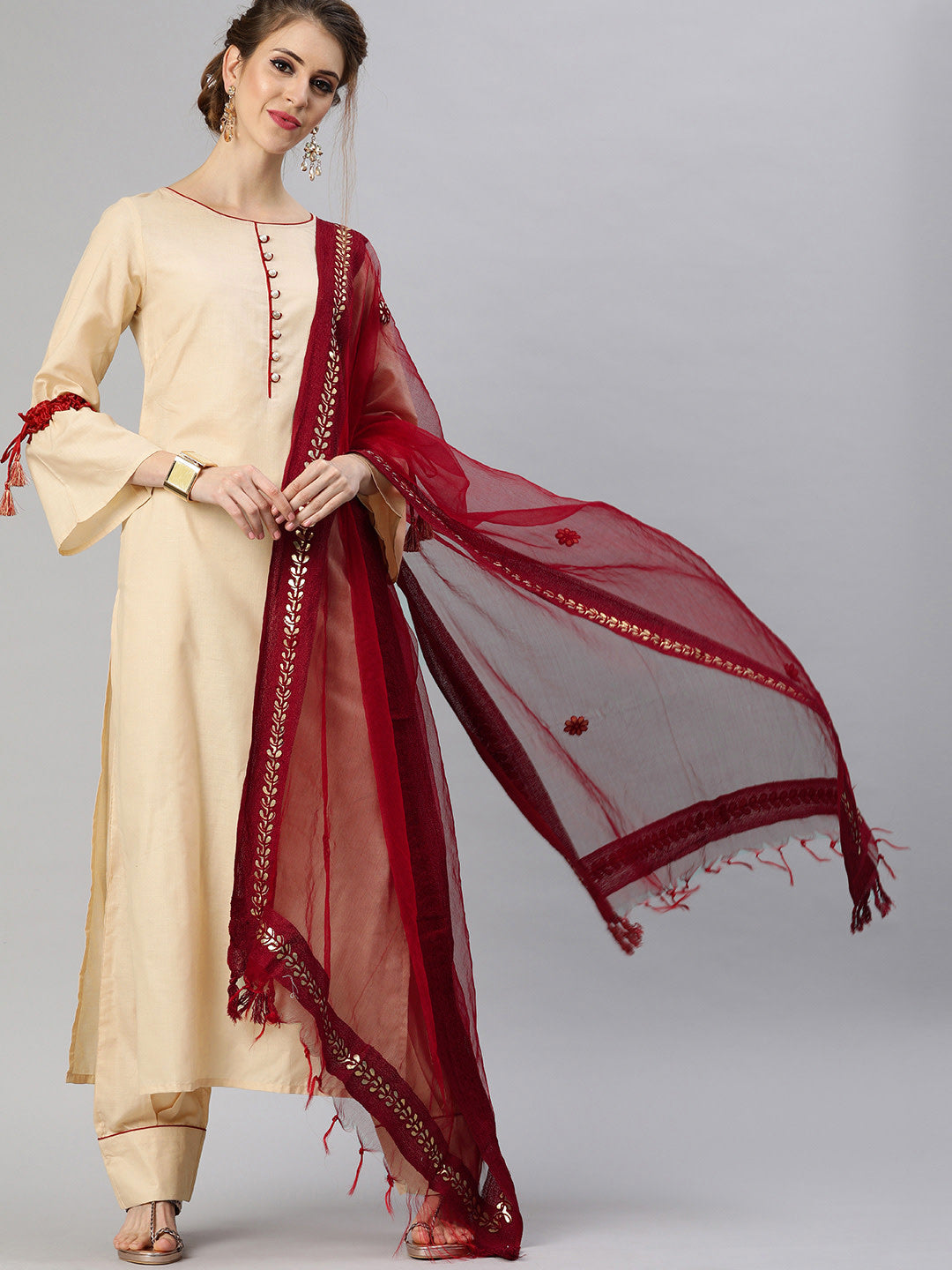 Women's Beige And Maroon Solid Kurta With Salwar And Dupatta - Noz2Toz