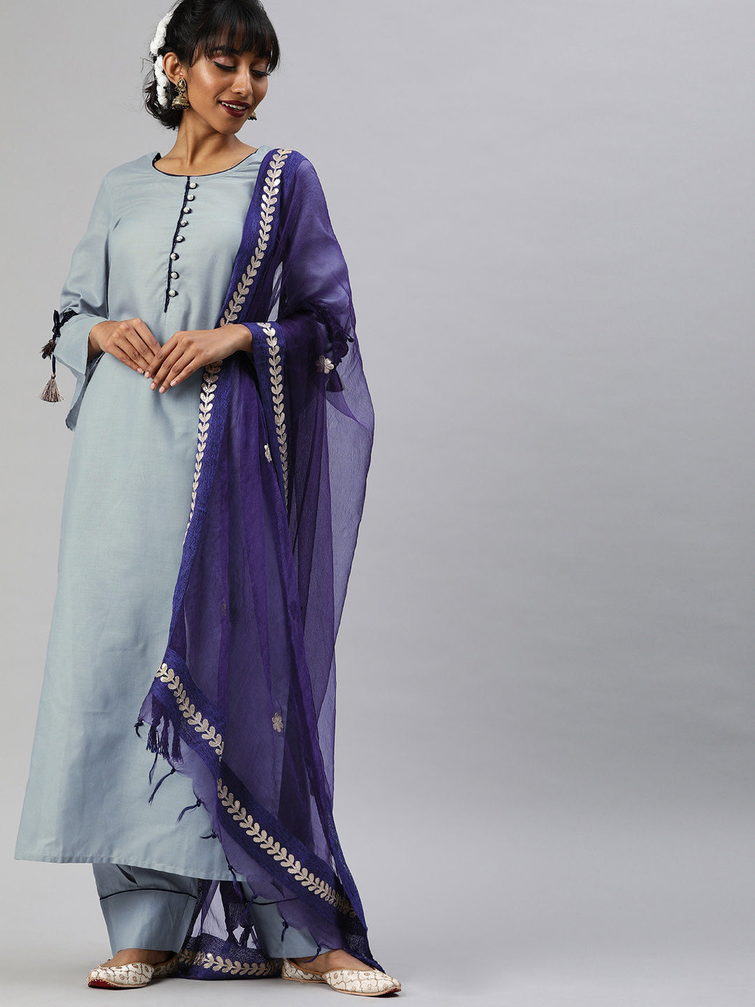 Women's Grey And Blue Solid Kurta With Salwar And Dupatta - Noz2Toz