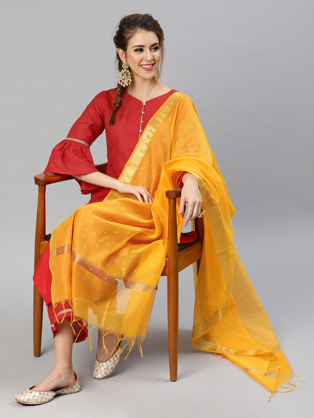 Women's Red And Mustard Yellow Solid Kurta With Palazzos And Dupatta - Noz2Toz