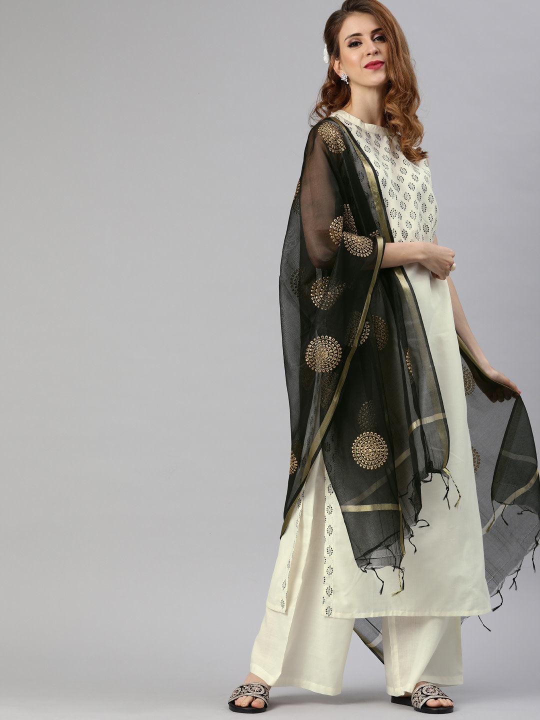 Women's White And Black Printed Kurta With Palazzos And Dupatta - Noz2Toz