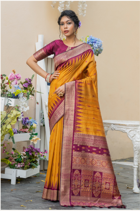 Women's Yellow Tussar Silk Zari Woven Saree With Blouse - Vishnu Weaves