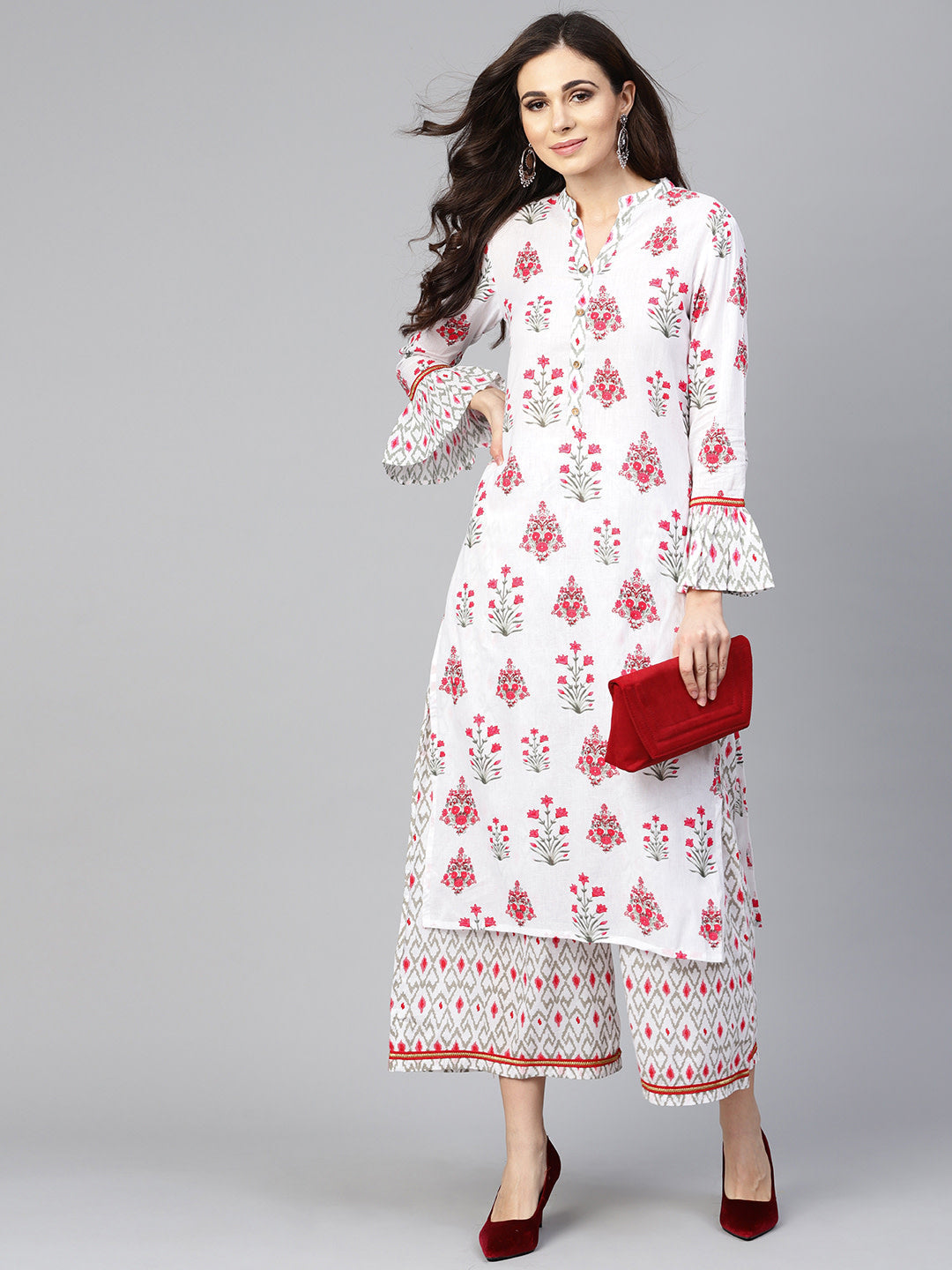 Women's White And Pink Printed Kurta With Palazzos - Noz2Toz