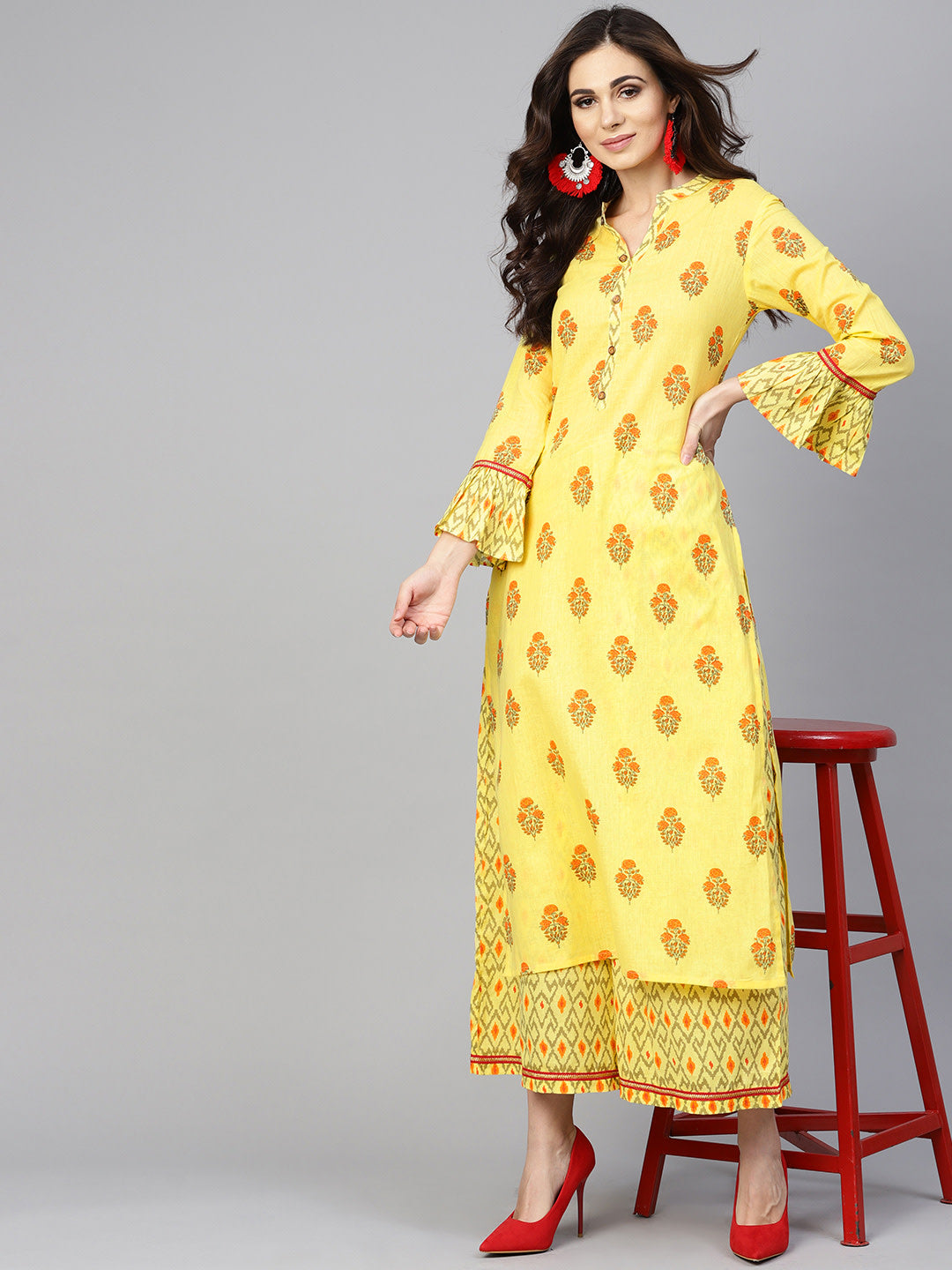 Women's Yellow And Grey Printed Kurta With Palazzos - Noz2Toz