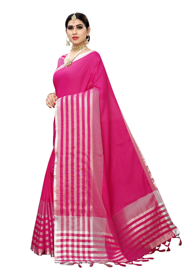 Women's Pink Cotton Silk Weaving Saree - Vamika