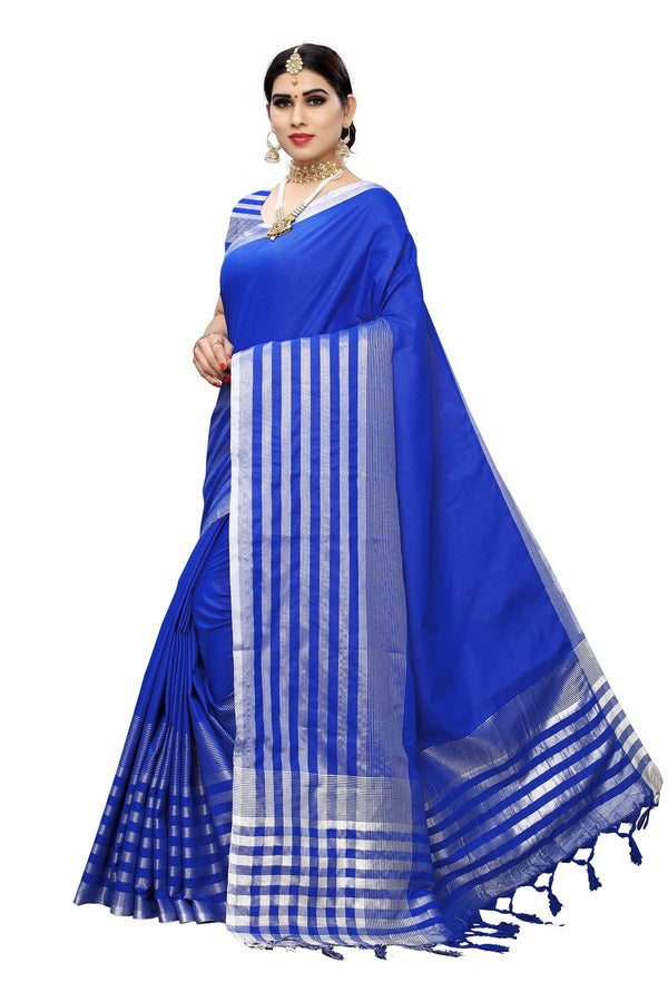 Women's Blue Cotton Silk Weaving Saree - Vamika