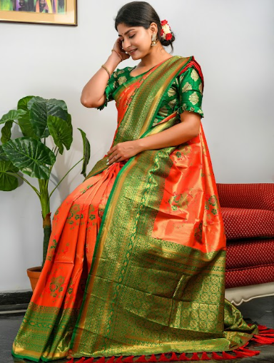 Women's Pure Kanjeevaram Meenakari Woven Saree Mustard Orange - TASARIKA