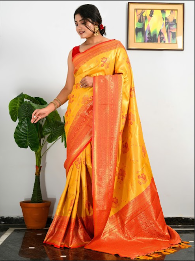 Women's Pure Kanjeevaram Meenakari Woven Saree Mustard Yellow - TASARIKA