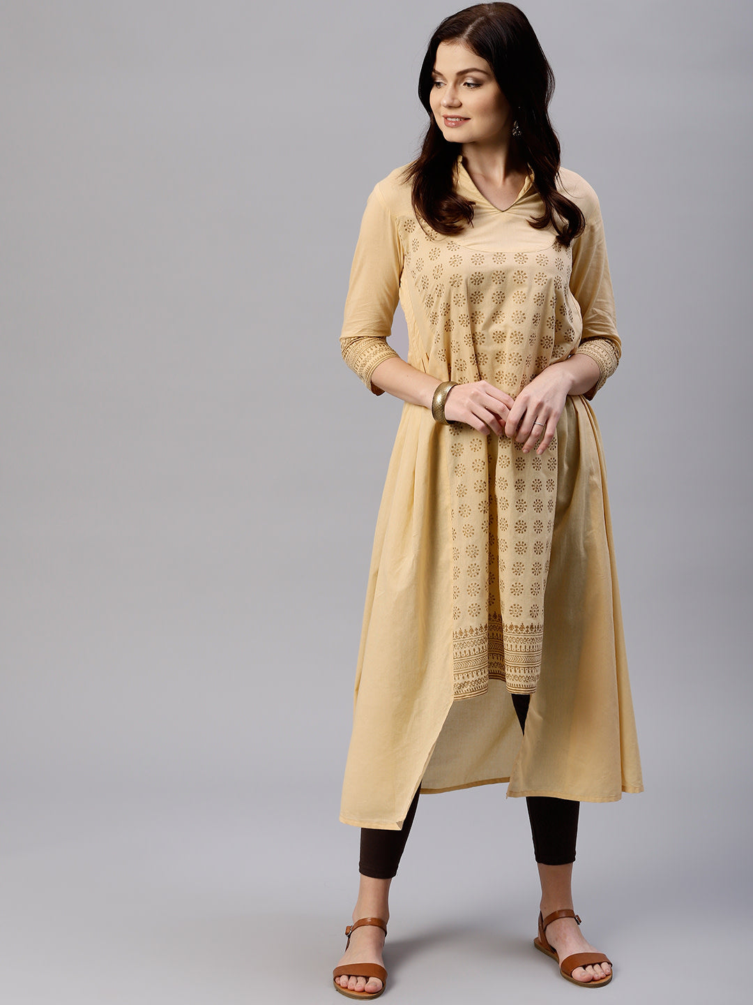 Women's Beige And Brown Printed Kurta With Churidar - Noz2Toz