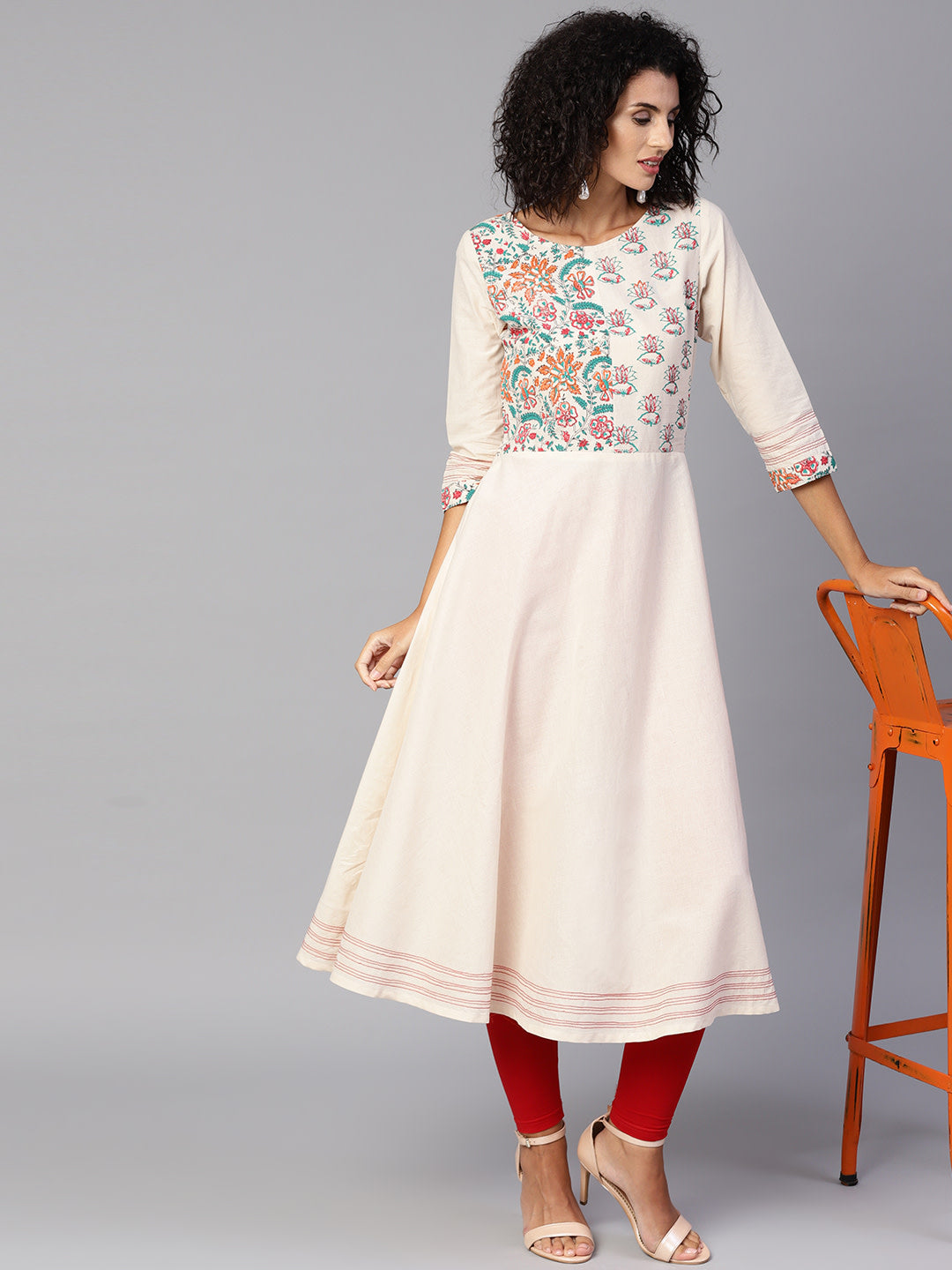 Women's Cream-Coloured And Green Printed A-Line Kurta - Noz2Toz