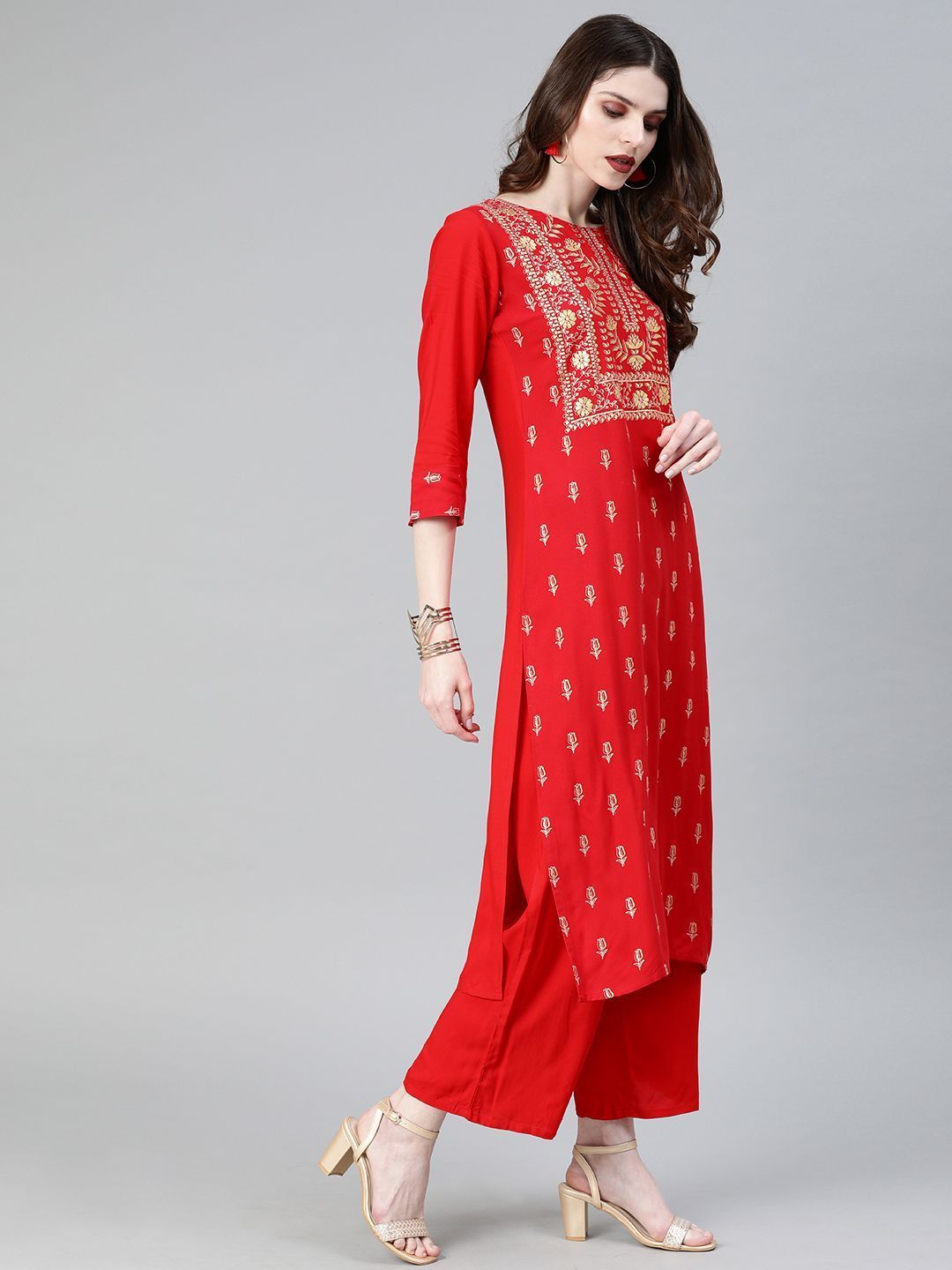 Women's Red Colour Khadi Print Straight Rayon Kurta With Palazzo / Salwar Suit Set - Ziyaa