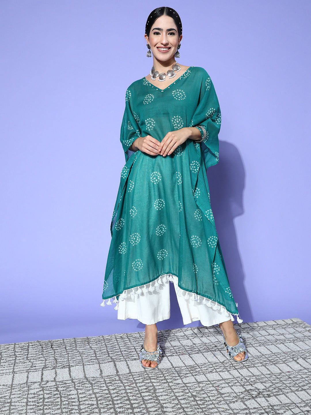 Teal Bandhani Kaftan Kurta-Indiakreations-JS1216KFTTGS