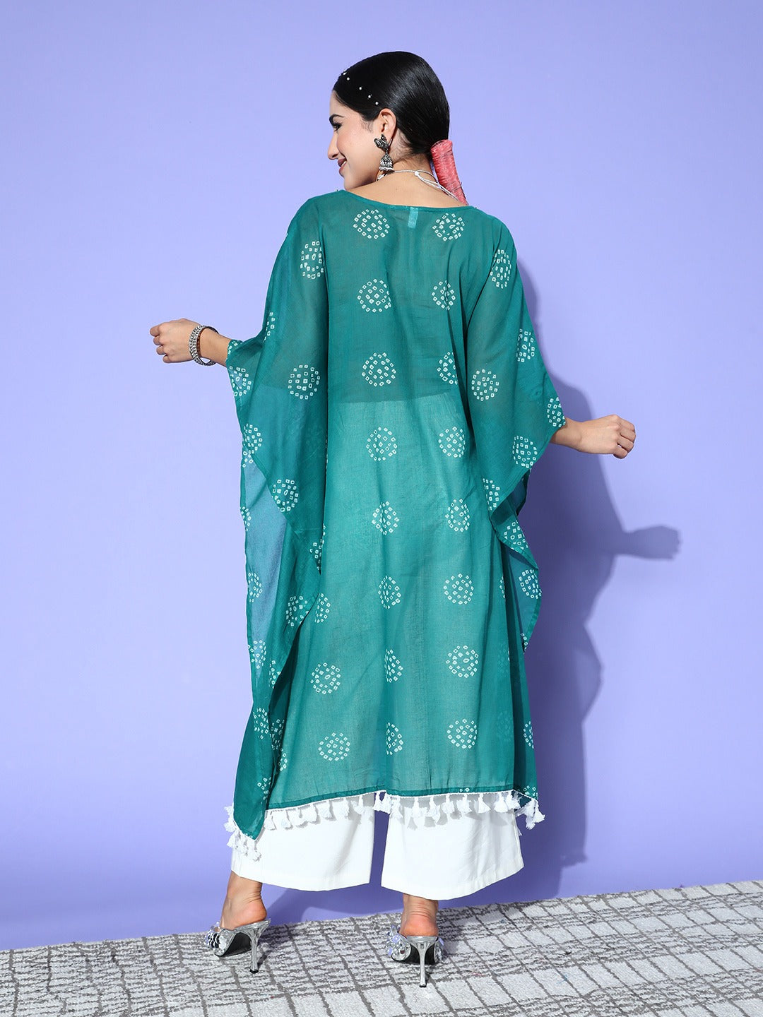 Teal Bandhani Kaftan Kurta-Indiakreations-JS1216KFTTGS