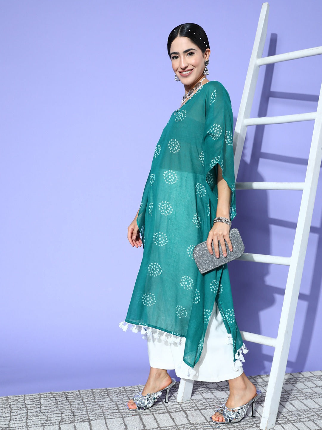 Teal Bandhani Kaftan Kurta-Indiakreations-JS1216KFTTGS