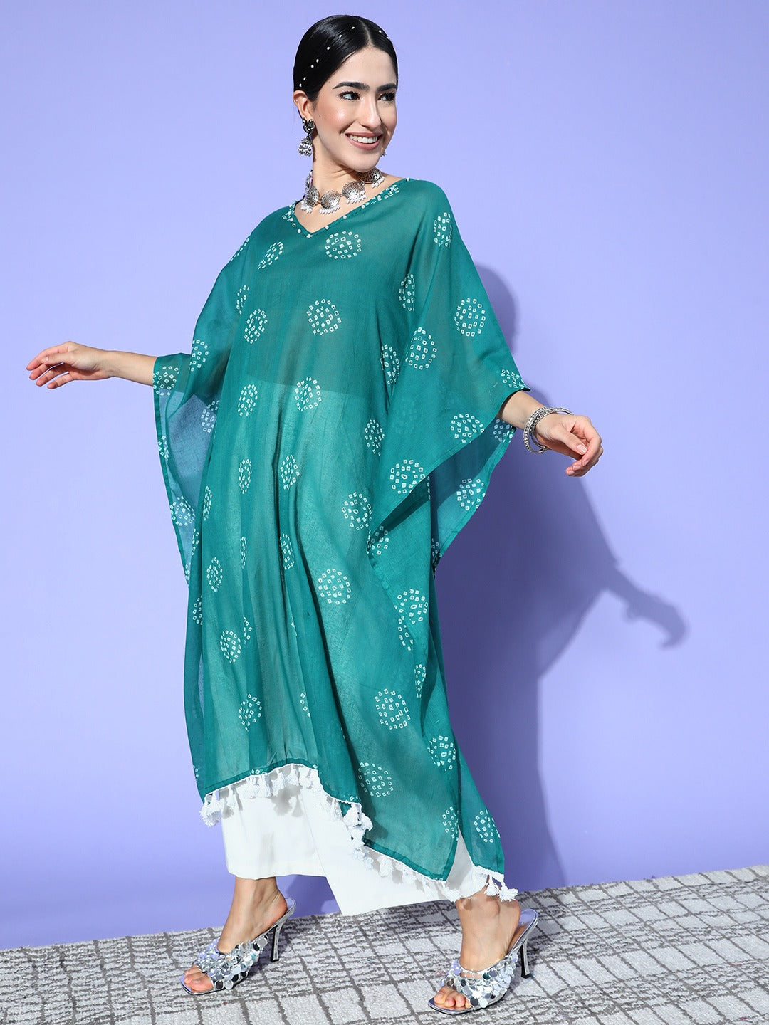 Teal Bandhani Kaftan Kurta-Indiakreations-JS1216KFTTGS