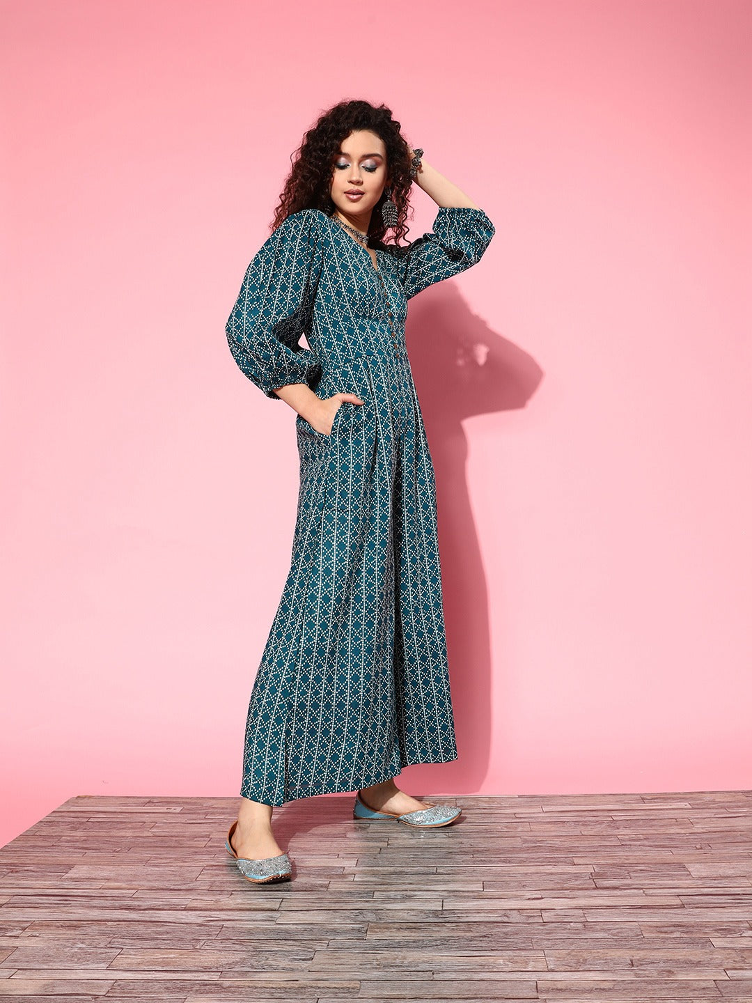 Teal Blue Culotte Jumpsuit-Indiakreations-JS8167JSTBXS