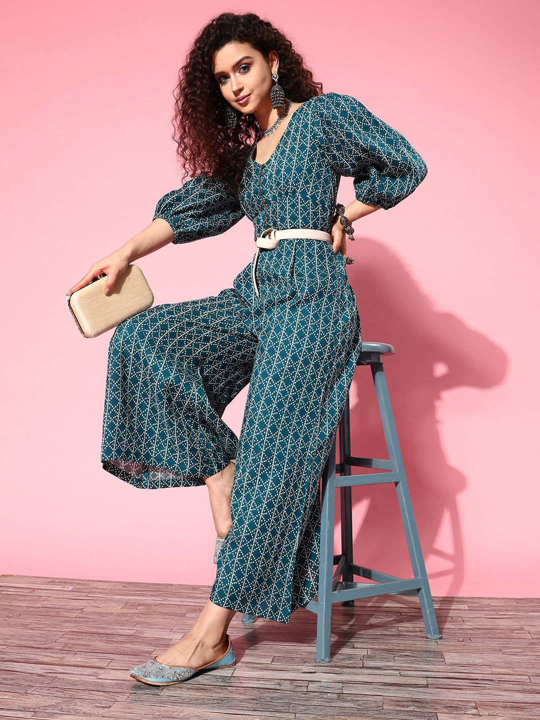 Teal Blue Culotte Jumpsuit-Indiakreations-JS8167JSTBXS