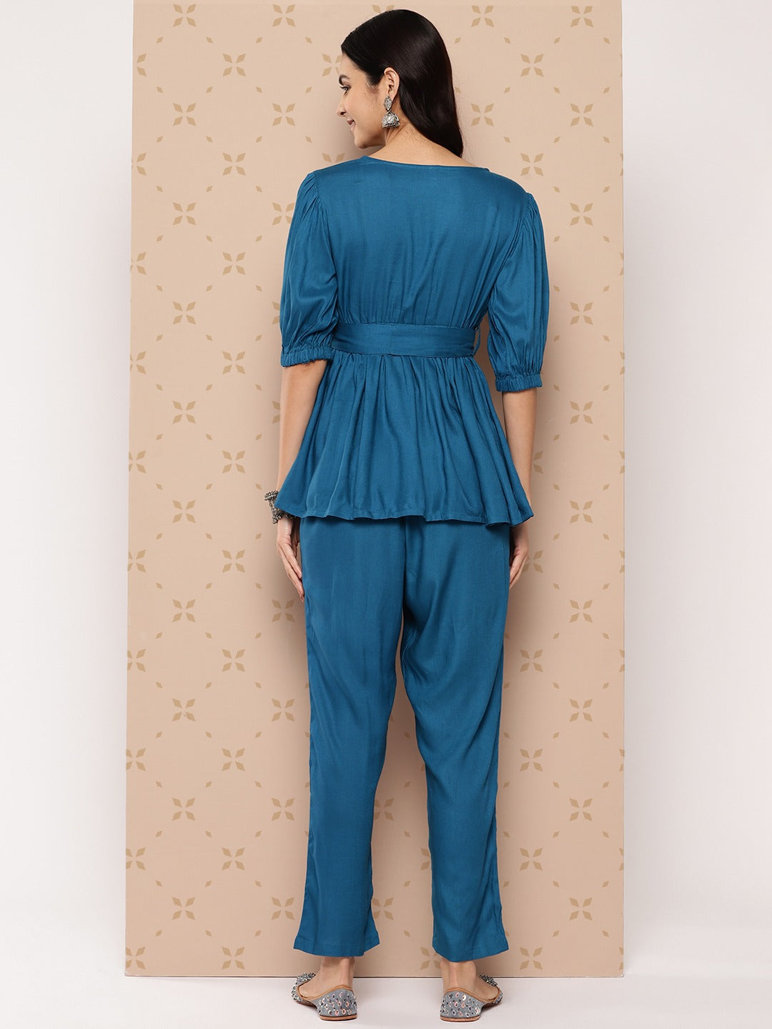 Teal Blue Solid Pure Cotton Top with Trousers Co-Ords-Indiakreations-JS1534CRDTBS