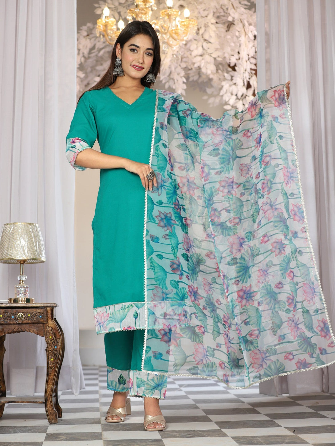 Women's Teal Cotton Organza Suit Set - Lado Jaipuri