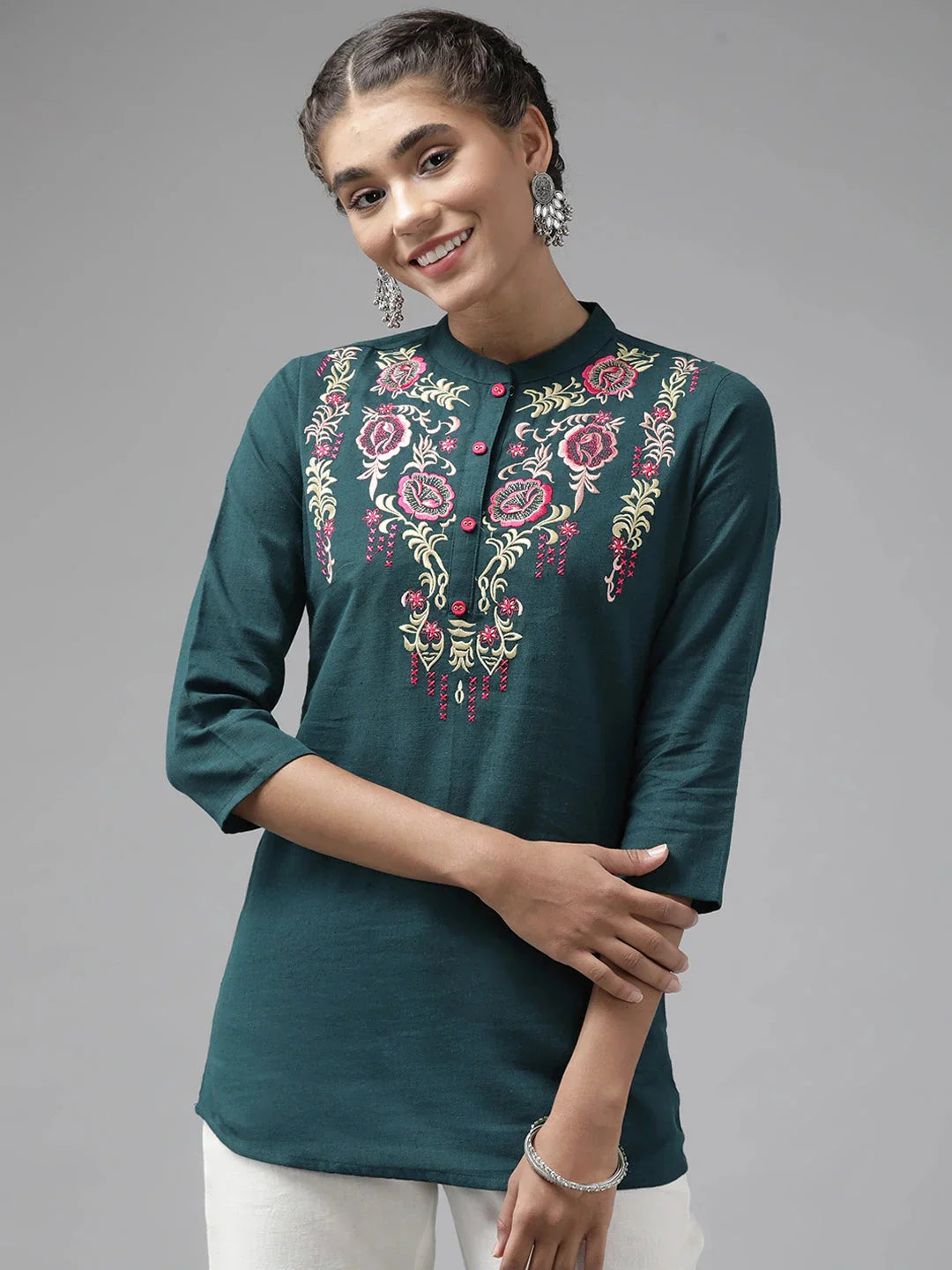 Teal Floral Embroidered Top-Indiakreations-JS9737TOPTBS