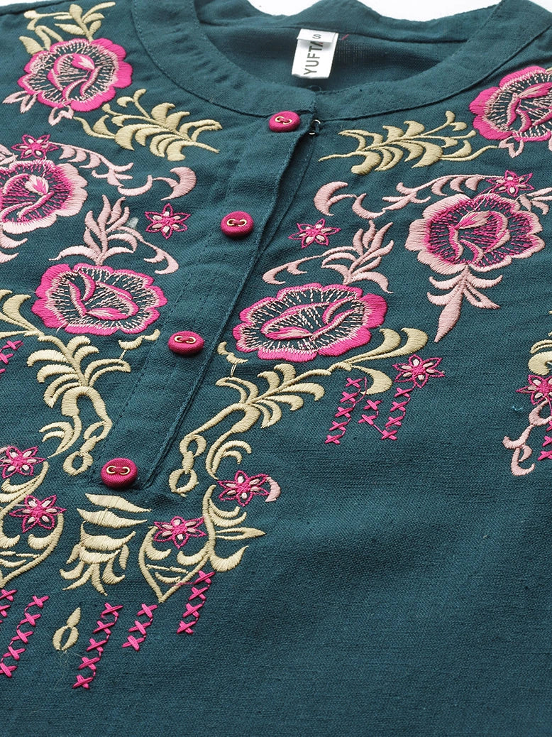 Teal Floral Embroidered Top-Indiakreations-JS9737TOPTBS