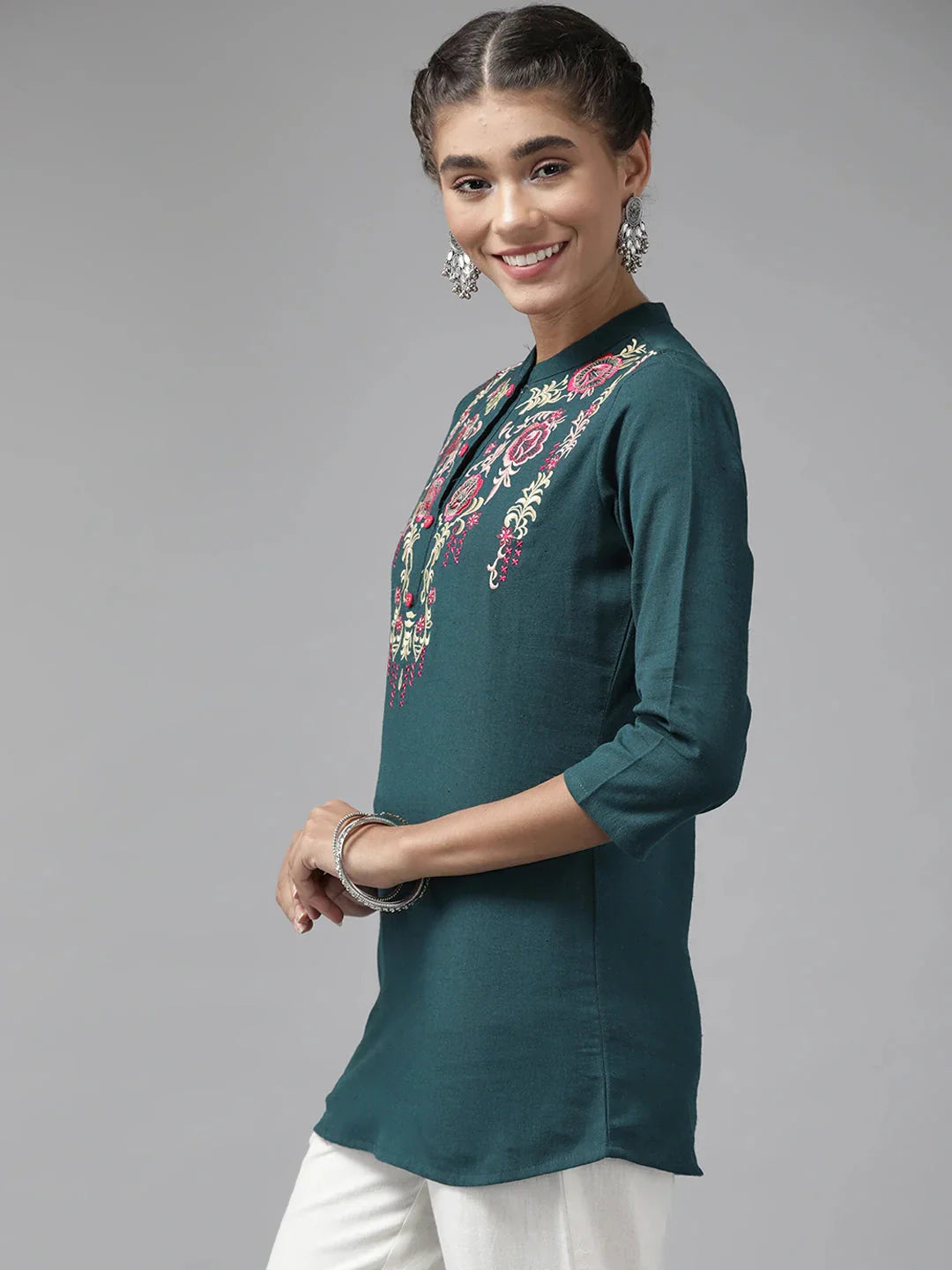 Teal Floral Embroidered Top-Indiakreations-JS9737TOPTBS