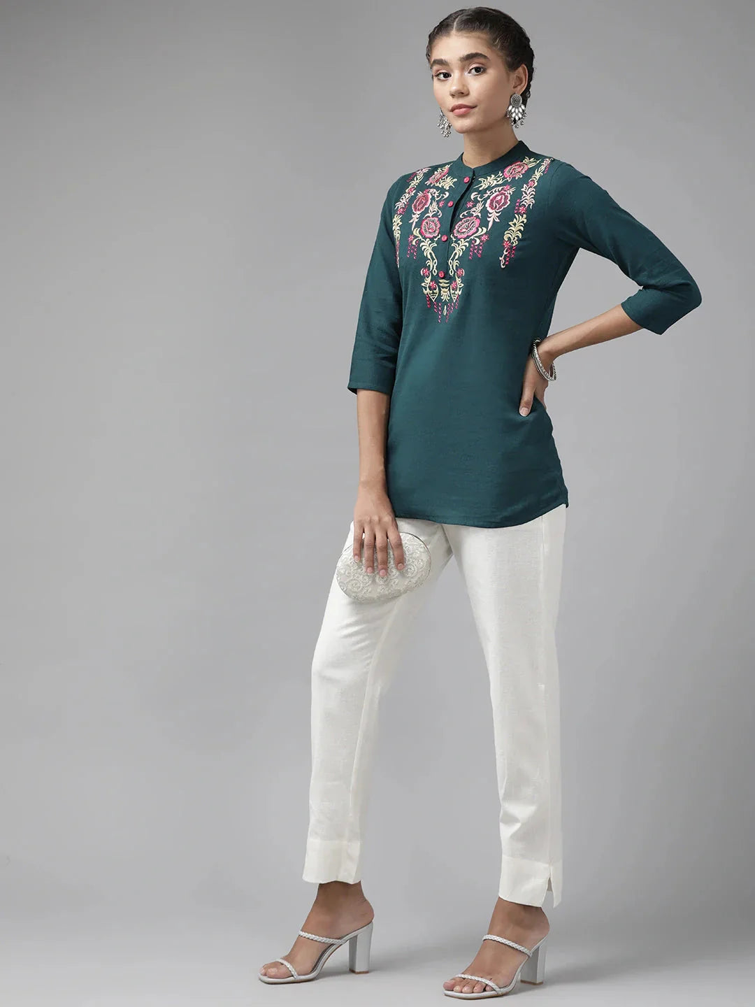 Teal Floral Embroidered Top-Indiakreations-JS9737TOPTBS