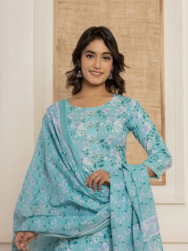 Teal Green Floral Print Cotton Straight Style Kurta And Trousers With Dupatta Set-Indiakreations-JS7007SKDTGS